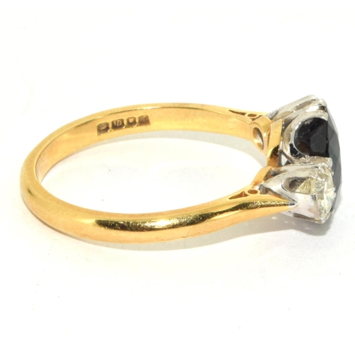 515 - 18ct gold ladies Diamond and Sapphire 3 stone ring approx 66pts diamond and 1.25ct sapphire size R