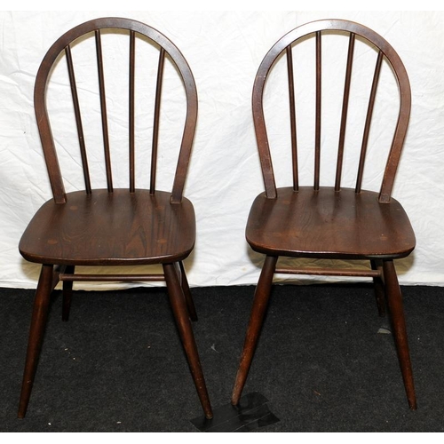 608 - Pair of mid-century Ercol Windsor chairs, seat height 44cms. One full and one partial label