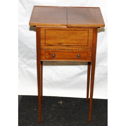 609 - Vintage sewing box on square tapered legs with sliding top storage area with drawer under. O/all hei... 