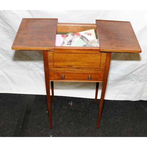 609 - Vintage sewing box on square tapered legs with sliding top storage area with drawer under. O/all hei... 