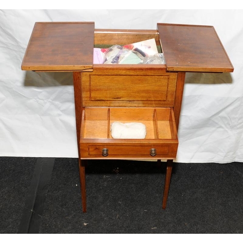 609 - Vintage sewing box on square tapered legs with sliding top storage area with drawer under. O/all hei... 