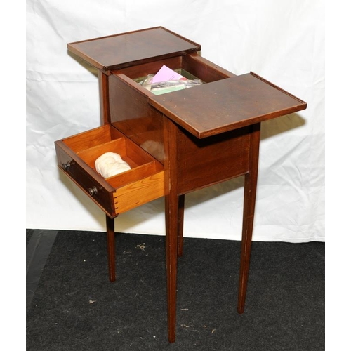 609 - Vintage sewing box on square tapered legs with sliding top storage area with drawer under. O/all hei... 