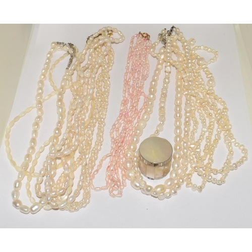 489 - Selection of Freshwater pearl necklaces and a pill box.