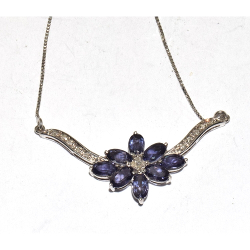 382 - Superb Tanzanite/diamond white gold on 925 silver necklace.