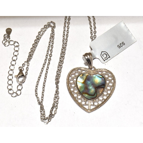 447 - New Paua shell w/g 925 silver large heart pendant.