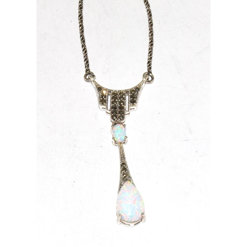 481 - A silver and marcasite Art Deco style necklace set with opal cabochons.