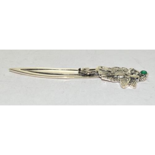 485 - A silver bookmark with fairy finial set with emerald cabochon