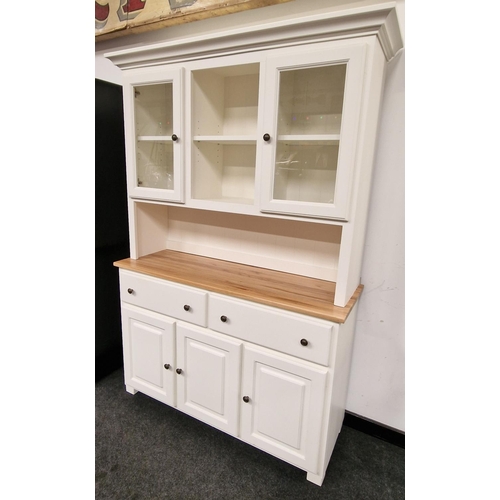 380 - Contemporary two part kitchen dresser of small form 193x129x45cm.