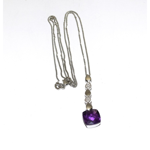 413 - 18ct white gold faceted Amethyst and Diamond drop pendant necklace