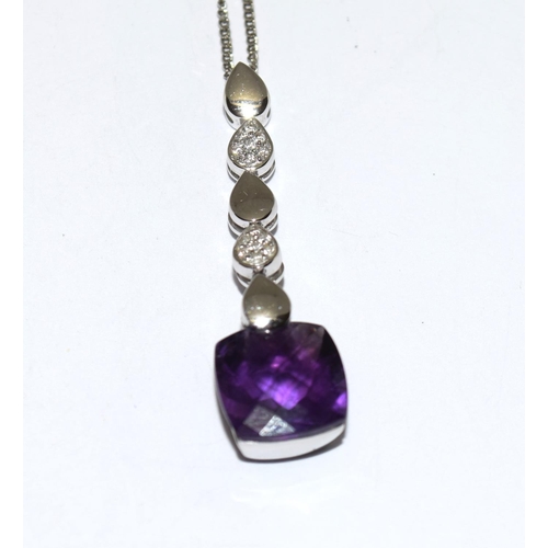 413 - 18ct white gold faceted Amethyst and Diamond drop pendant necklace