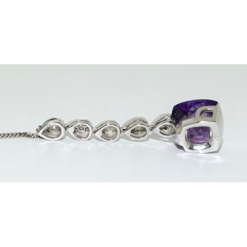 413 - 18ct white gold faceted Amethyst and Diamond drop pendant necklace