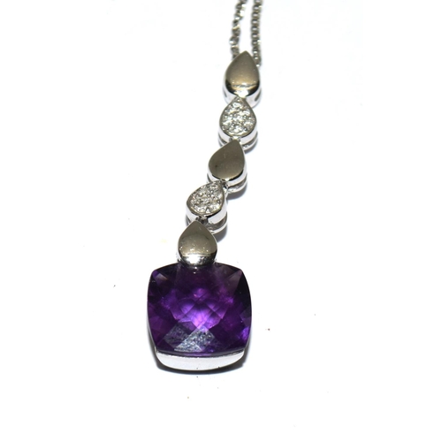 413 - 18ct white gold faceted Amethyst and Diamond drop pendant necklace