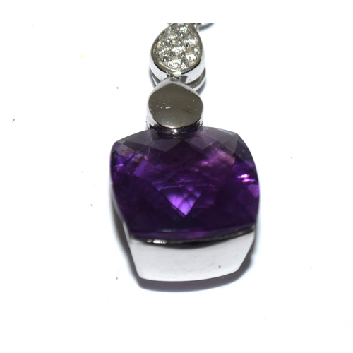 413 - 18ct white gold faceted Amethyst and Diamond drop pendant necklace