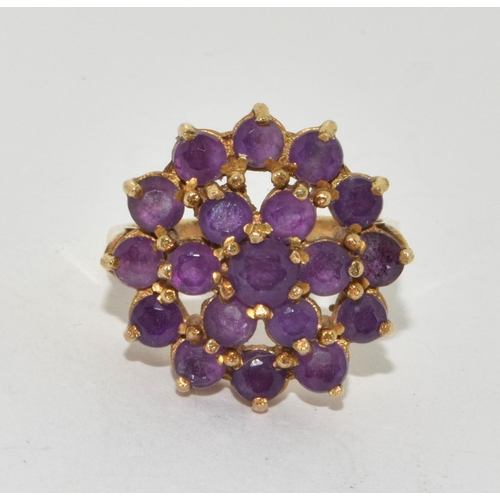 166 - 9ct gold ladies Amethyst round cluster cocktail ring 6.2g size O