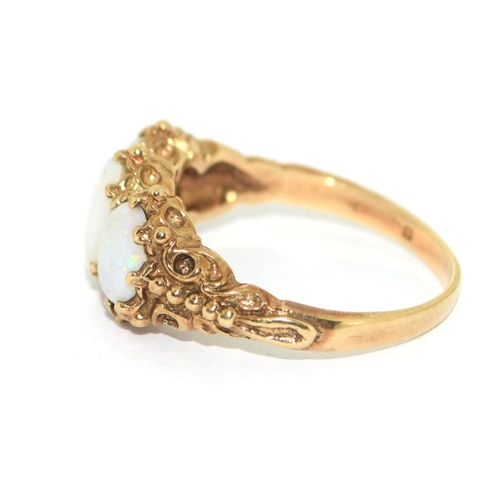 175 - 9ct gold ladies antique Opal trilogy ring in an ornate setting size Q