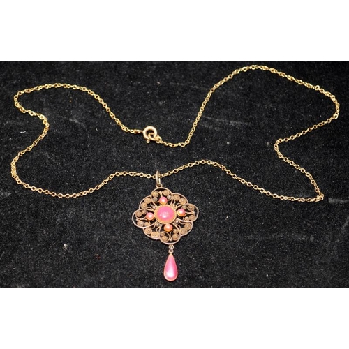 323 - Marius Hammer silver gilt and pink enamel pendant on silver gilt chain. Marked 830s and makers trade... 