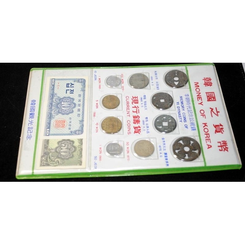 44 - Presentation sheet ' Money of Korea' featuring Memory coins of Yi dynasty alongside 20th Century coi... 