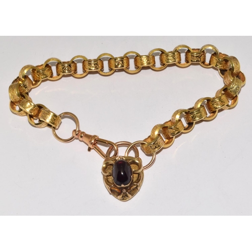 332 - 9ct gold Victorian ladies bracelet with embossed decoration  set with a cabochon Amethyst heart lock... 