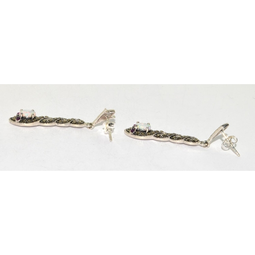 320 - A Pair of Silver Marcasite and opal paneled Art-Deco Style Drop Earrings.