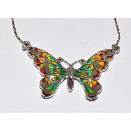 163 - A Silver and Plique a jour Butterfly Necklace