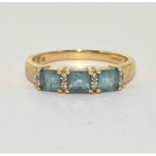 376 - 9ct gold ladies 3 stone Blue Topaz ring size O