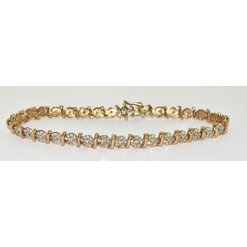 327 - 9ct gold with diamond insert bracelet tight clasp with safety 7.5