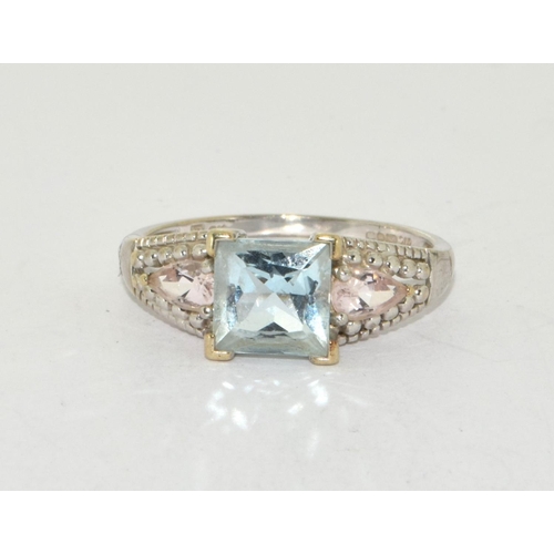 313 - 9ct white gold diamond, aquamarine, and pink gemstone dress ring  size P