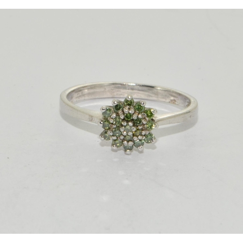 337 - 9ct white gold ladies small diamond and emerald cluster ring size M