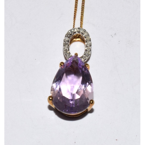 387 - 9ct gold Amethyst and diamond pendant necklace