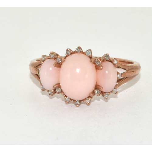 405 - 9ct rose gold ladies 3 stone opal and diamond ring size U