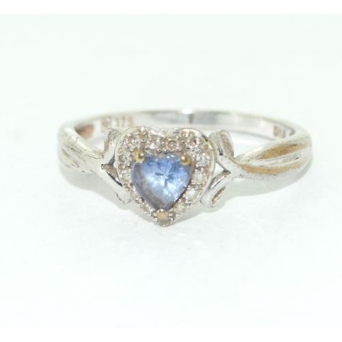 190 - 9ct white gold ladies Diamond and Aquamarine heart ring H/M dia in ring size J