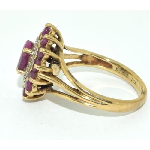 195 - 9ct gold ladies antique set Ruby and diamond ring size O