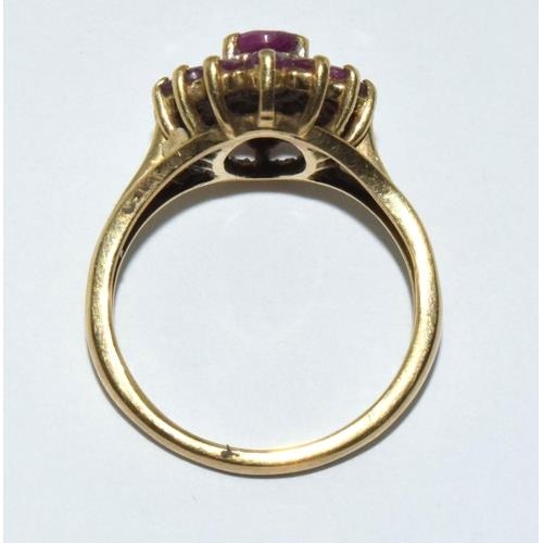 195 - 9ct gold ladies antique set Ruby and diamond ring size O