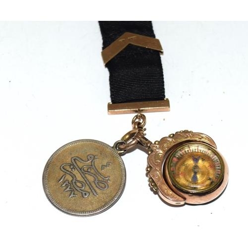 329 - Gold pocket watch hanging strap set with a gold compass fob and a Arabic  coin