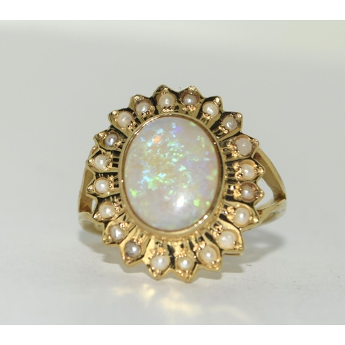 110 - Yellow metal Opal and Pearl ring. Size Q.