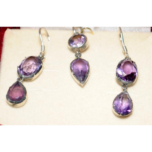 404 - .925 silver vintage amethyst drop earrings and pendant, boxed