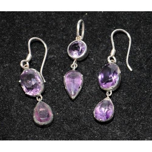 404 - .925 silver vintage amethyst drop earrings and pendant, boxed