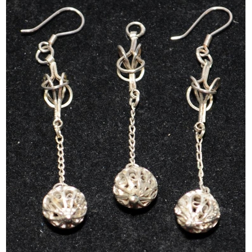 406 - .925 silver vintage suspended ball earrings and pendant, boxed