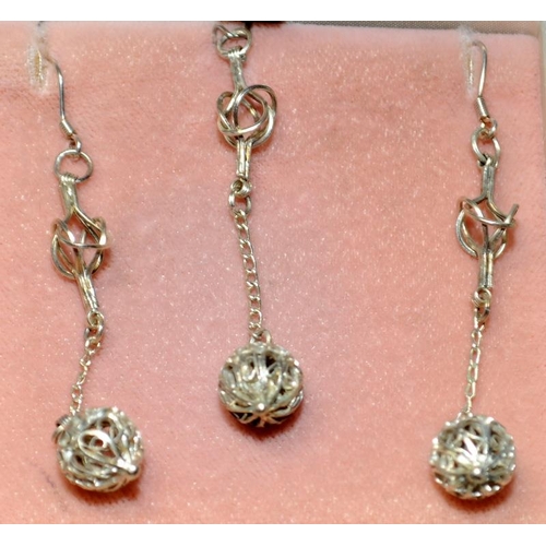 406 - .925 silver vintage suspended ball earrings and pendant, boxed