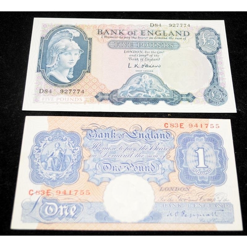 59 - Bank of England Britannia £5 Five Pound serial no. D84 927774 signed O'Brien c/w Blue £1 one pound s... 