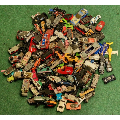 6 - Box of vintage and modern play worn die cast vehicles.