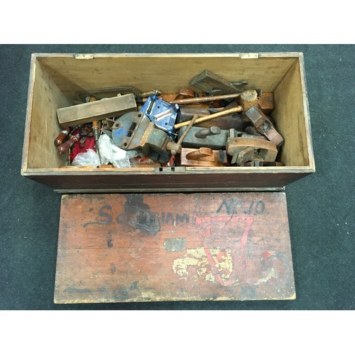 81A - Large vintage wooden carpenters tool chest with contents containing a large collection of vintage to... 