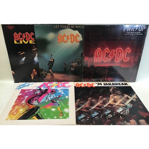 425 - 5 X AC/DC LP VINYL RECORDS. Titles here include - 74’ Jailbreak - High Voltage - PWR UP - Let There ... 