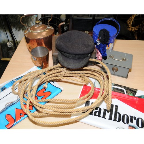 101 - Carton of collectibles to include a lasso, metalware and a collectible Jaws carrier bag