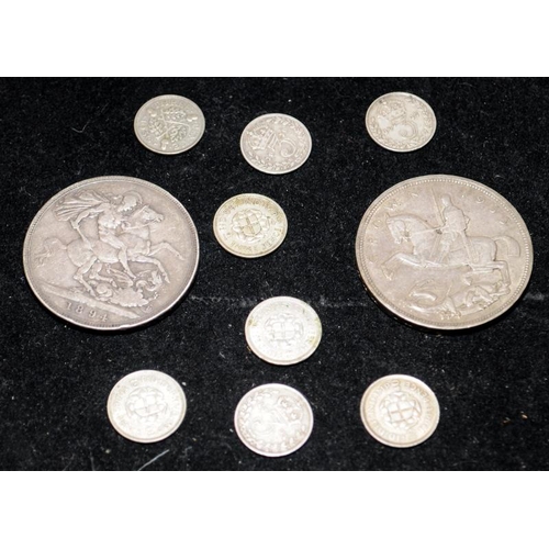 110 - Small collection of vintage silver coins to include 1935 rocking horse Crown and 1894 Victorian Crow... 