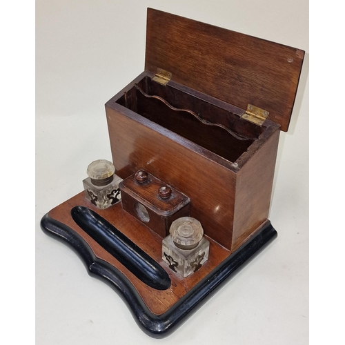 95 - Mahogany desk tidy with inkwells and revolving calendar