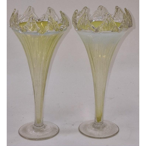 23 - Pair of Victorian vaseline uranium glass trumpet vases 22.5cms tall