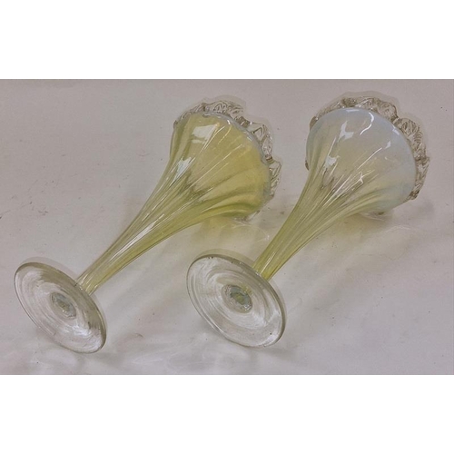 23 - Pair of Victorian vaseline uranium glass trumpet vases 22.5cms tall