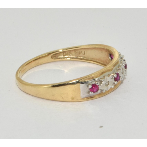 285 - 9ct Gold Ladies Vintage Diamond & Ruby Half Eternity Ring. Size Q