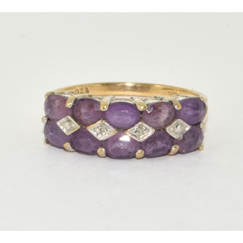 284 - 9ct Gold Diamond & Amethyst Ring. H/M dia Size L